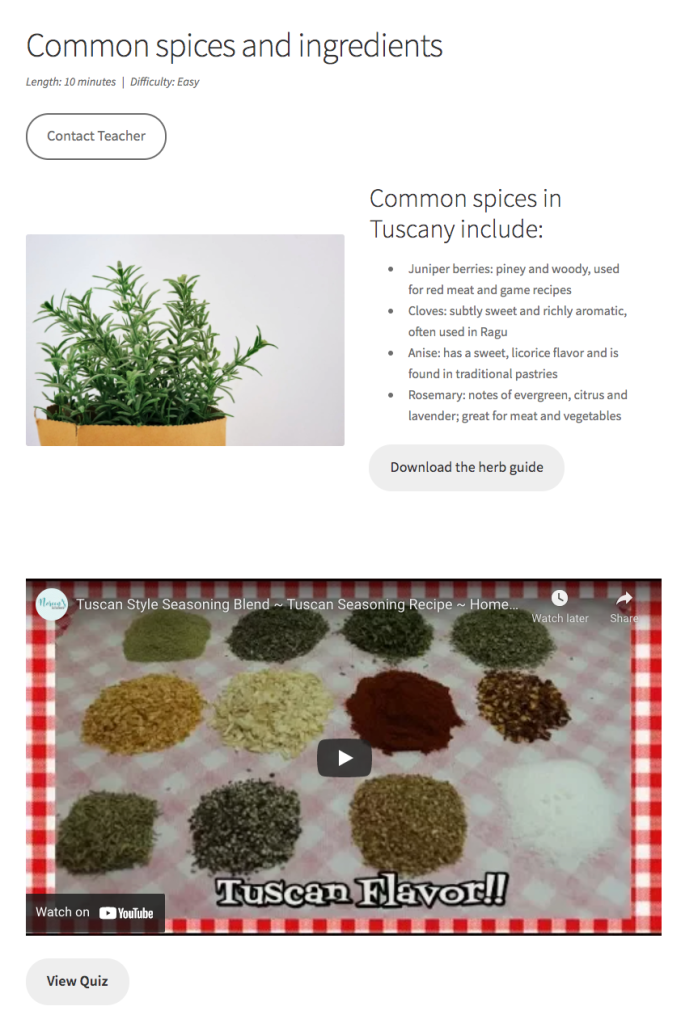 An example course about Spices with a video.